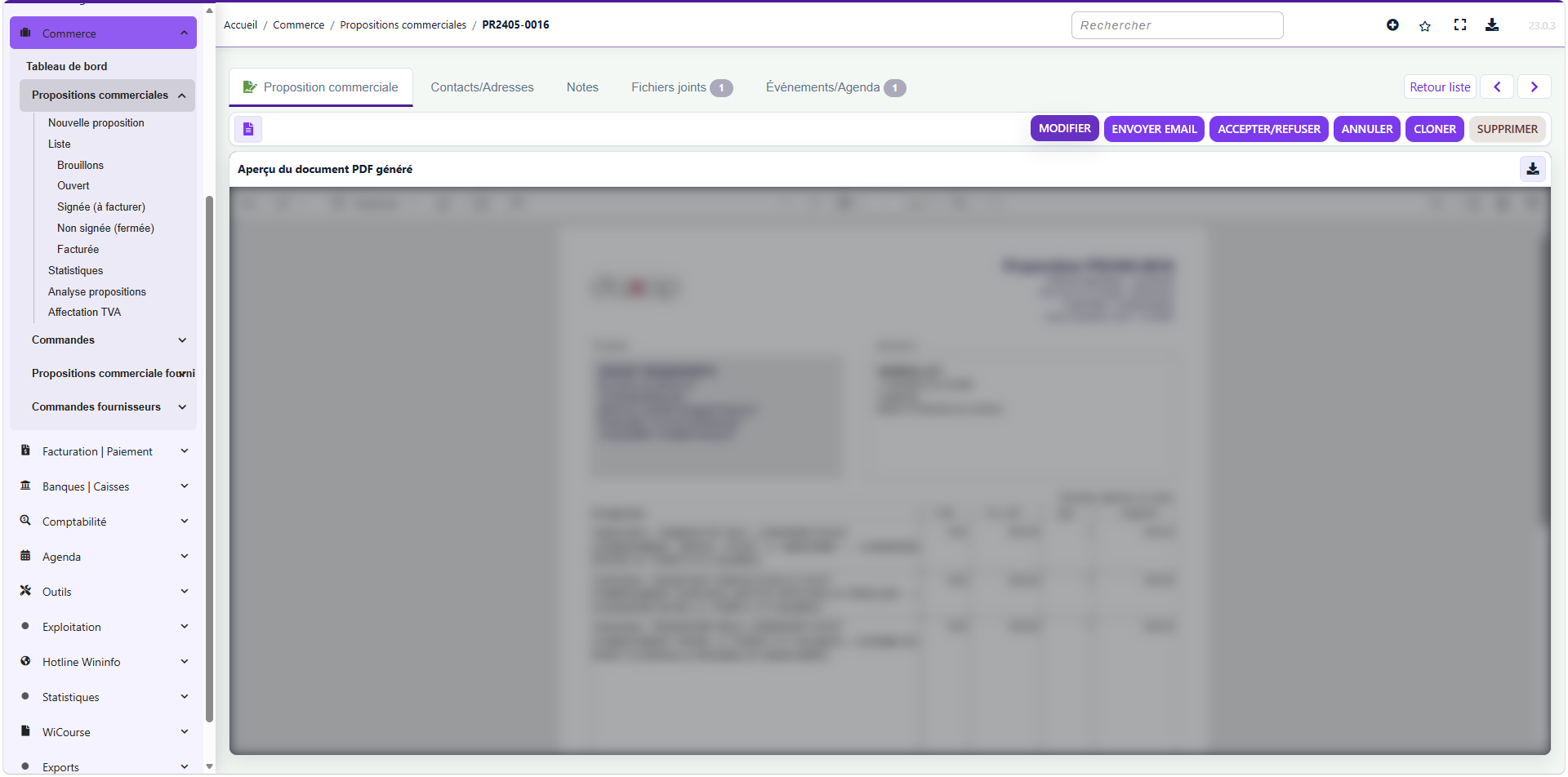 Aperçu d'une facture consultée dans Win@ERP